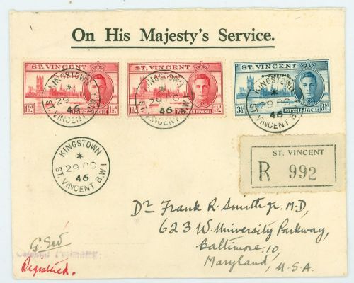 1946 st. vincent registered cover to usa - with peace issue - scott #&#039;s 152-153